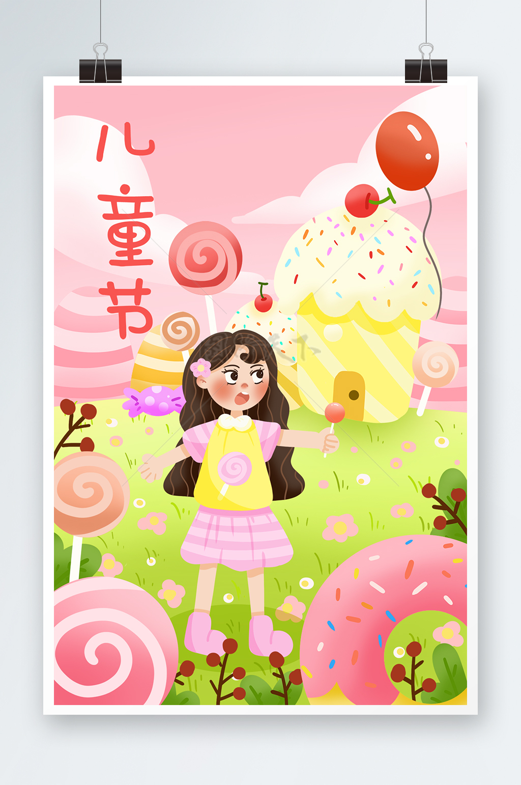 粉色儿童节小女孩来到棒棒糖的世界插画